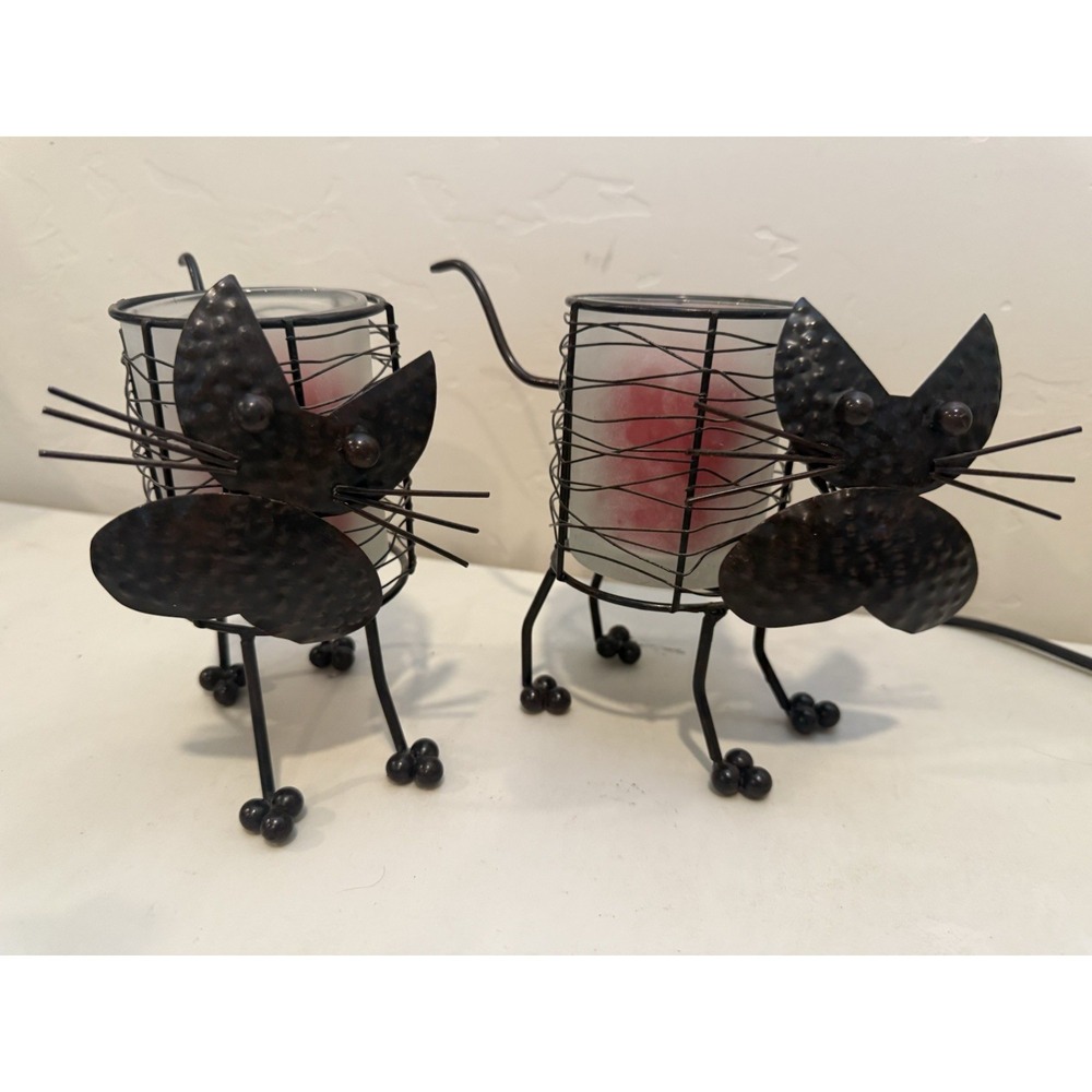 Vintage Black Cats Metal Candle Holders Set of 2